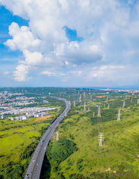 High angle view of cityscape against sky