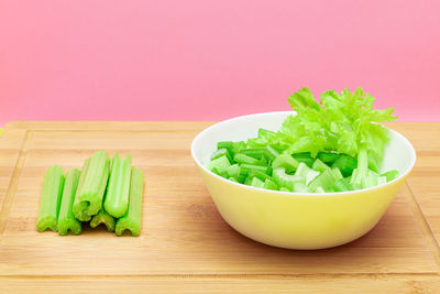 Close-up of chopped vegetables on table