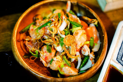 High angle view of noodles in bowl on table