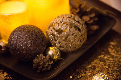 Close-up of dessert served on table