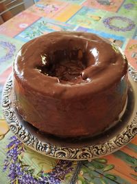 Close-up of cake served on table