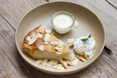 High angle view of breakfast served on table