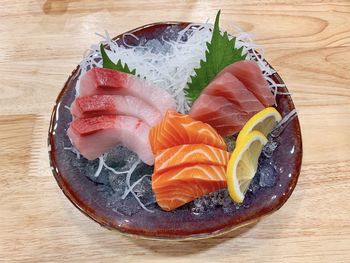 High angle view of sushi served on table