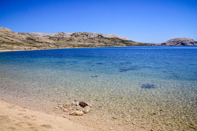 Scenic view of sea against clear blue sky