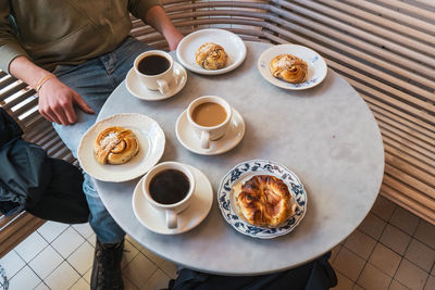 High angle view of breakfast served on table