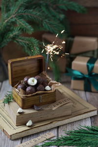 Close-up of christmas decorations on table