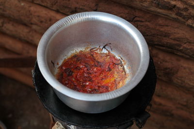 High angle view of meat in bowl on table