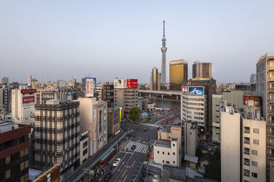 High angle view of buildings against clear sky