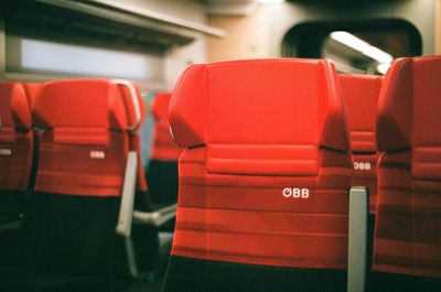 Close-up of empty seats in bus