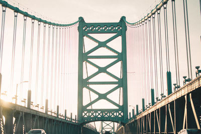 Low angle view of suspension bridge against sky in city