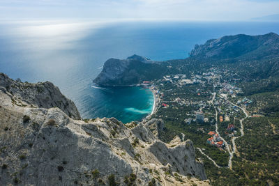 High angle view of rocks on sea shore against sky