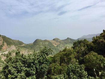 Scenic view of trees and mountains against sky