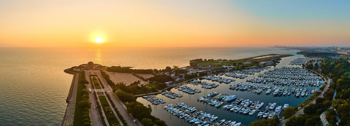 High angle view of townscape against sky during sunset