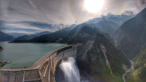 High angle view of water flowing at dam