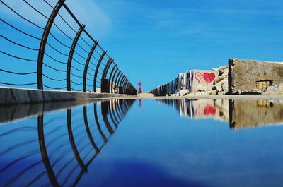 Reflection of bridge on water against blue sky