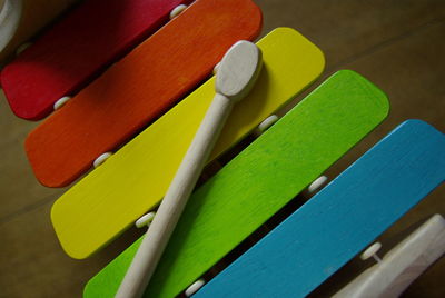 Close-up of multi colored pencils on table