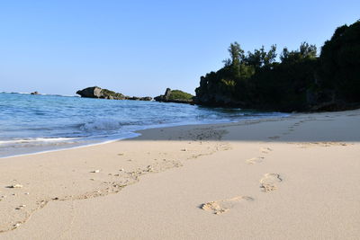 Scenic view of beach against clear sky