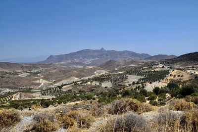 Scenic view of landscape against clear blue sky