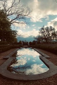 Reflection of bare trees in lake against sky