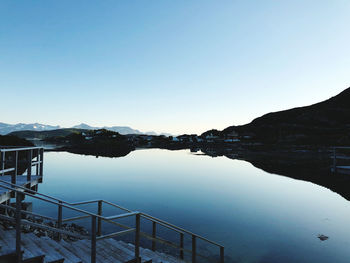 Scenic view of lake against clear blue sky