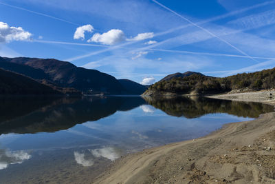 Scenic view of lake and mountains against sky