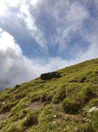 Low angle view of green landscape against sky