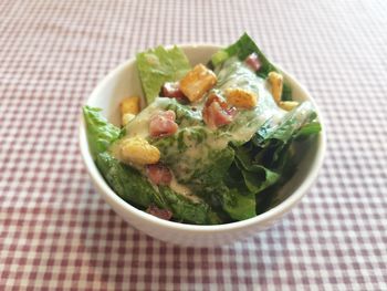 High angle view of salad in bowl on table