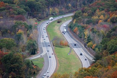 High angle view of highway at night