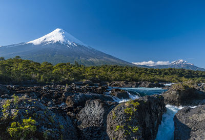 Scenic view of snowcapped mountains against blue sky