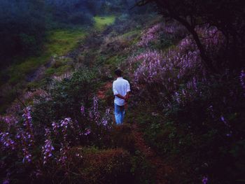 Rear view of woman standing by flower tree