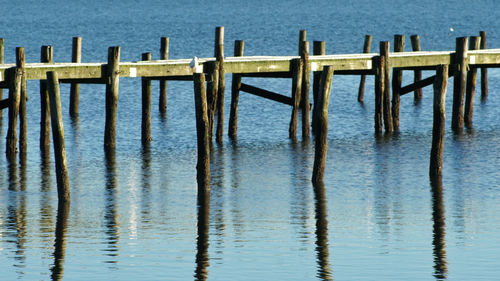 Wooden posts on pier over sea