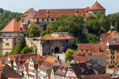 High angle view of buildings in city