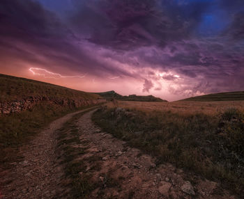 Dirt road amidst field against sky during sunset