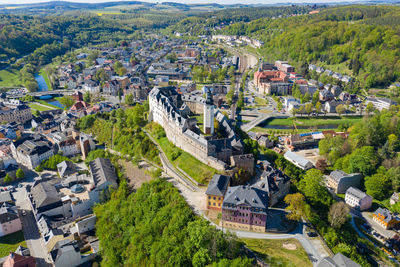 High angle view of buildings in town