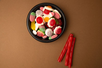 Directly above shot of multi colored fruits in bowl