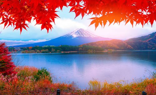 Scenic view of lake and mt fuji during autumn