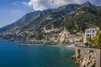 Scenic view of mountains by sea