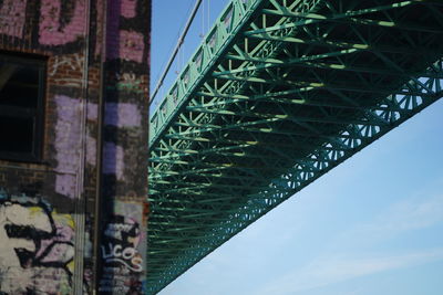 Low angle view of bridge and building against sky