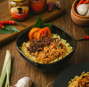 High angle view of vegetables in bowl on table