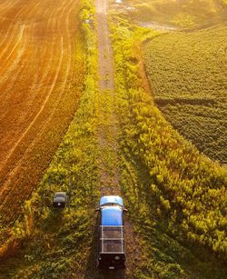 High angle view of field against sky