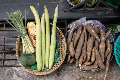 Display of leek and rare heirloom carrots at the local food market