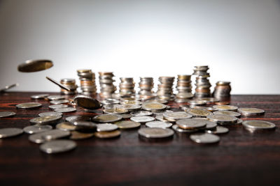 Close-up of coins on table