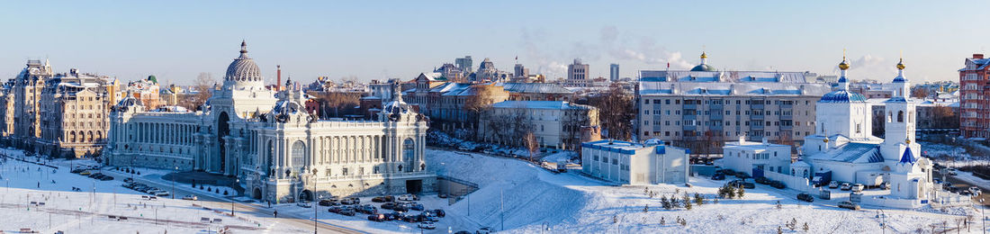 Panoramic view of buildings in city during winter