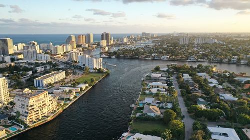 High angle view of city buildings