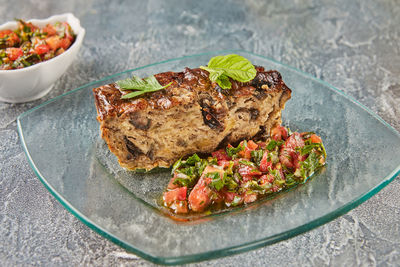 High angle view of food in plate on table