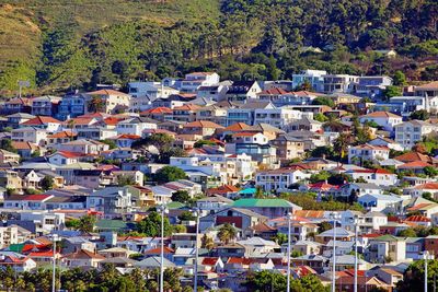 High angle view of buildings in town