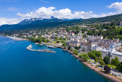 High angle view of buildings in city