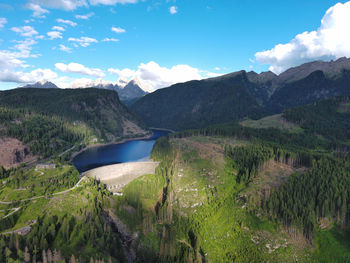 Aerial view of the lake of panaveggio and the shovels of san martino trentino