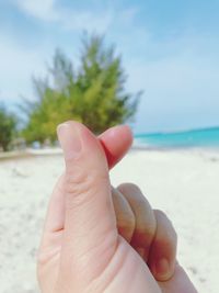 Close-up of person hand on beach