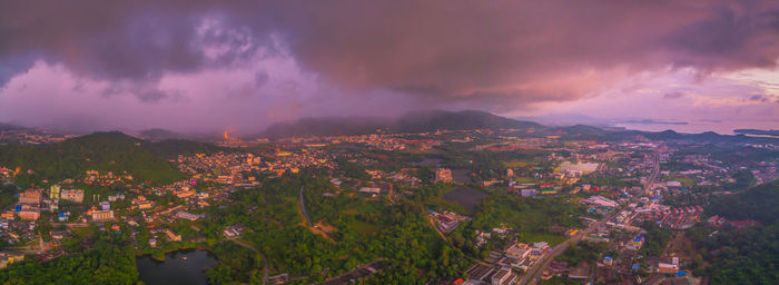 High angle view of townscape against sky at sunset